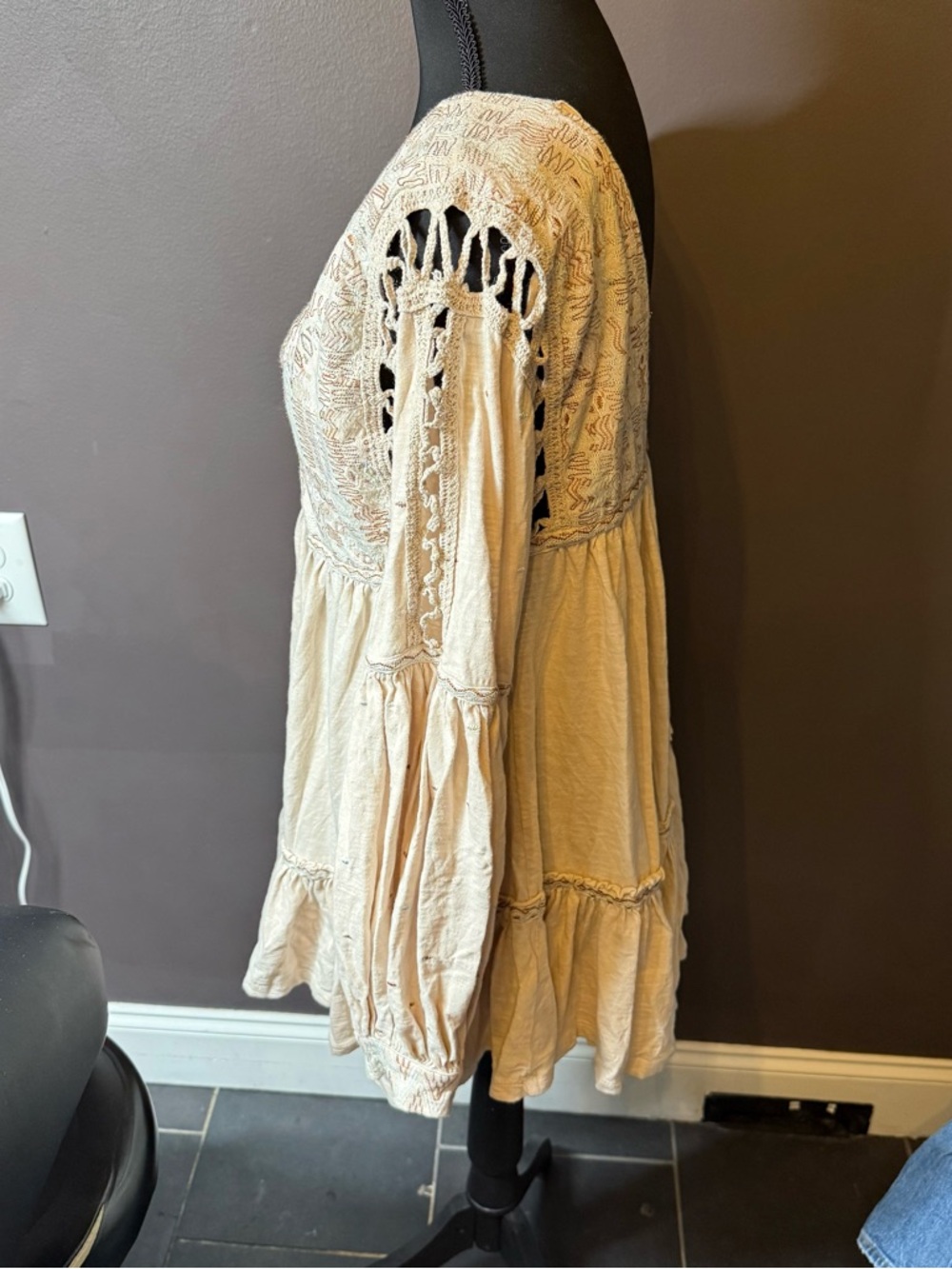Free People Cream Embroidered V-Neck Tiered Mini Dress - Picture 3 of 5